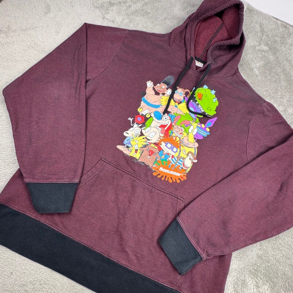 Nickelodeon Hoodie Mens XL Burgundy Excellent 90s Cartoon Graphic 4170